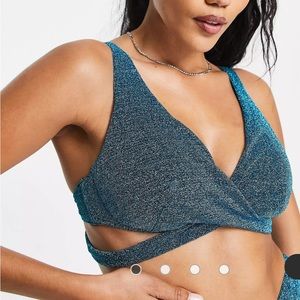 Asos design fuller bust wrap underwire bikini top blue glitter 30G NWT